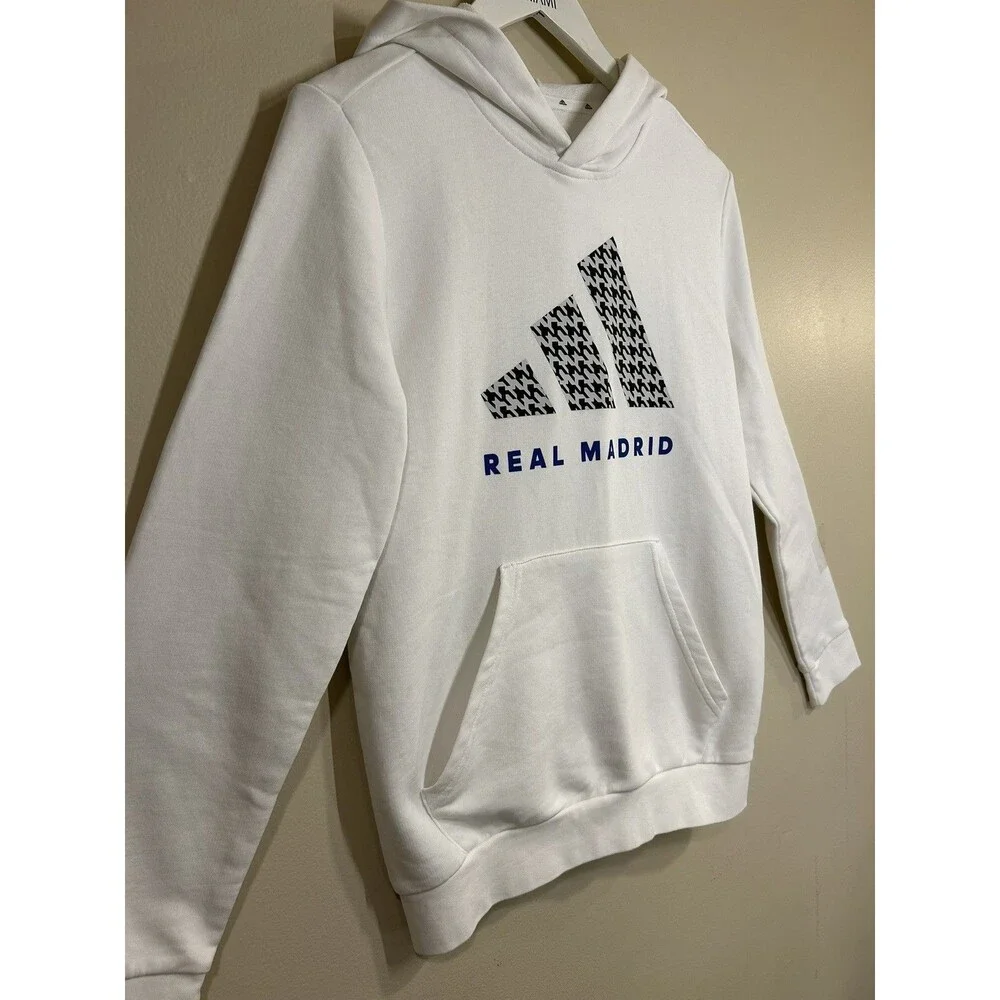 Real Madrid Adidas Youth Large DNA Athletic Pullover Hoodie White French Terry